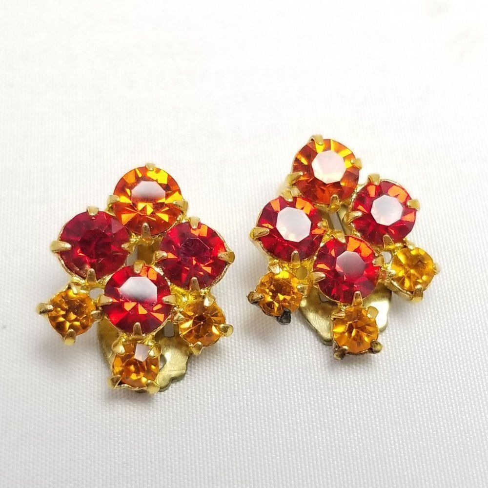 Vintage Red Orange Little Rhinestone Cluster Clip On Earrings Made in Austria